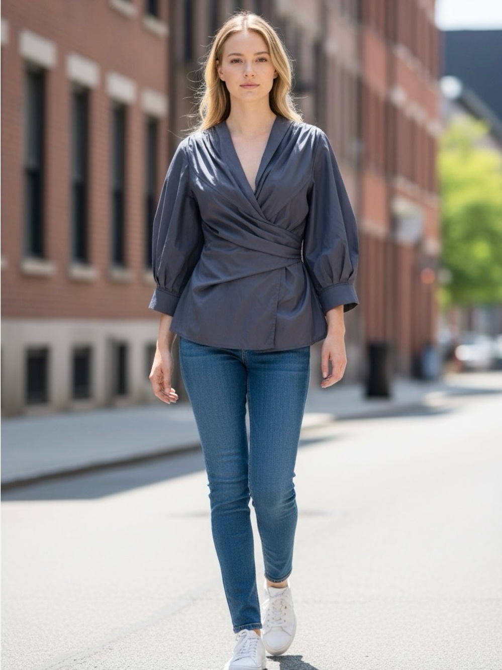Wrap-Front Puff Sleeve Blouse in Charcoal - Picture 2 of 8